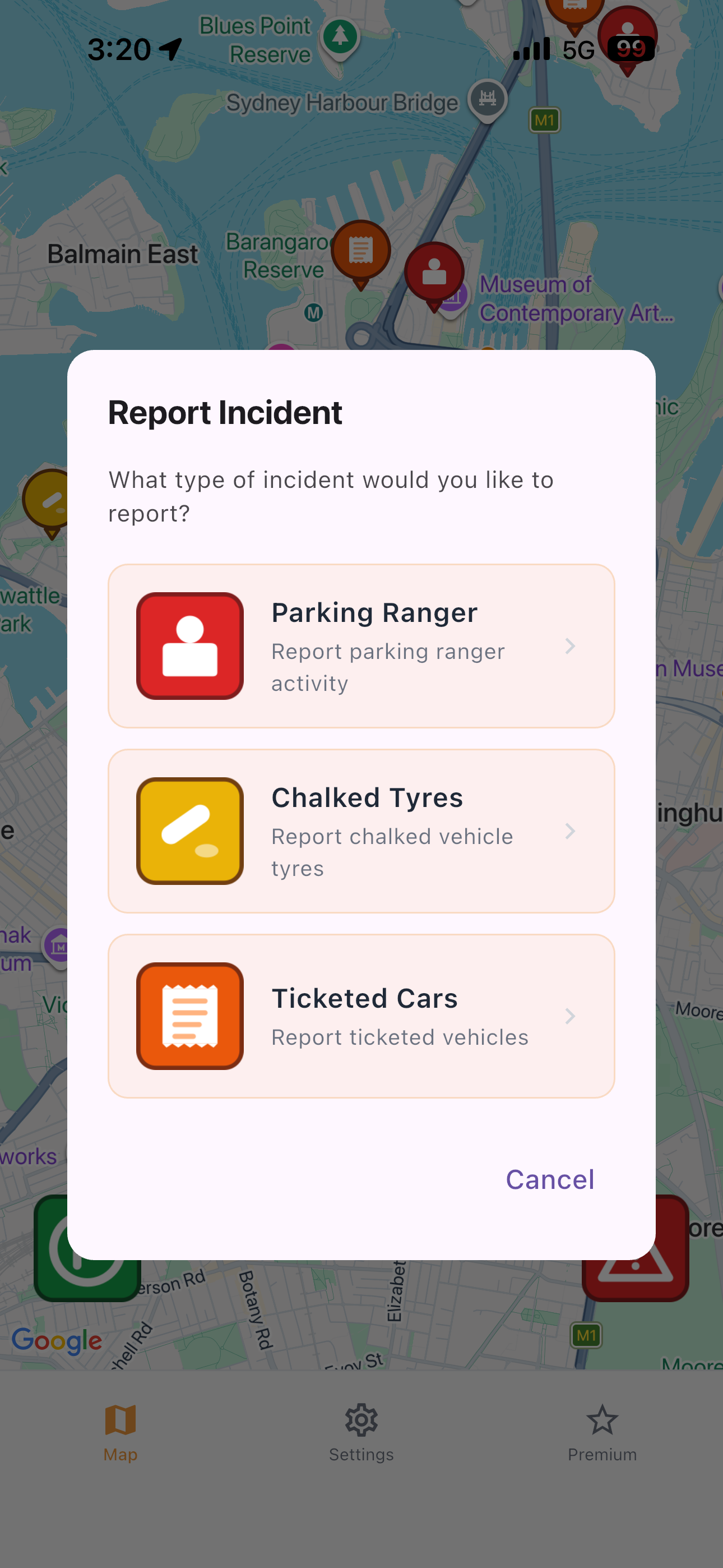 Report incident screen showing ranger, chalked tyres, and ticketed cars options