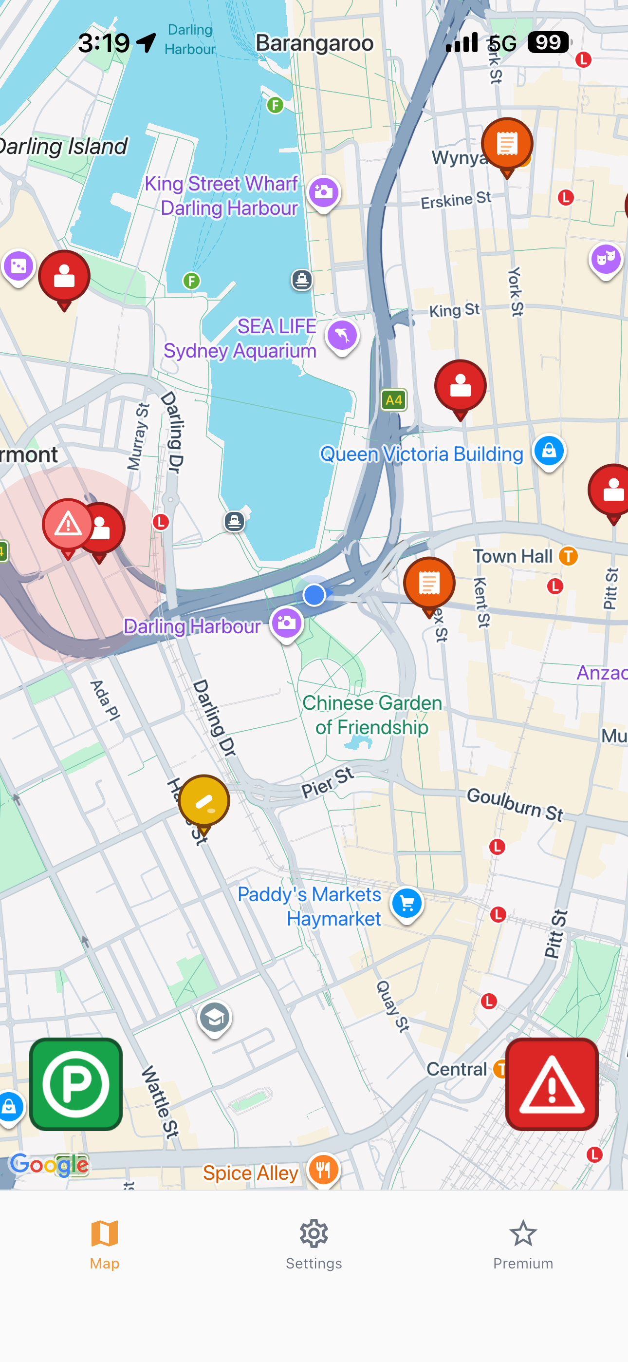 Map view showing the report button